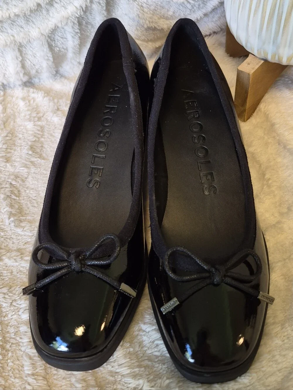 Aerosoles Tema Wedge Ballet Shoes Slip-On Black Patent Bow Detail Comfort Sz 8.5